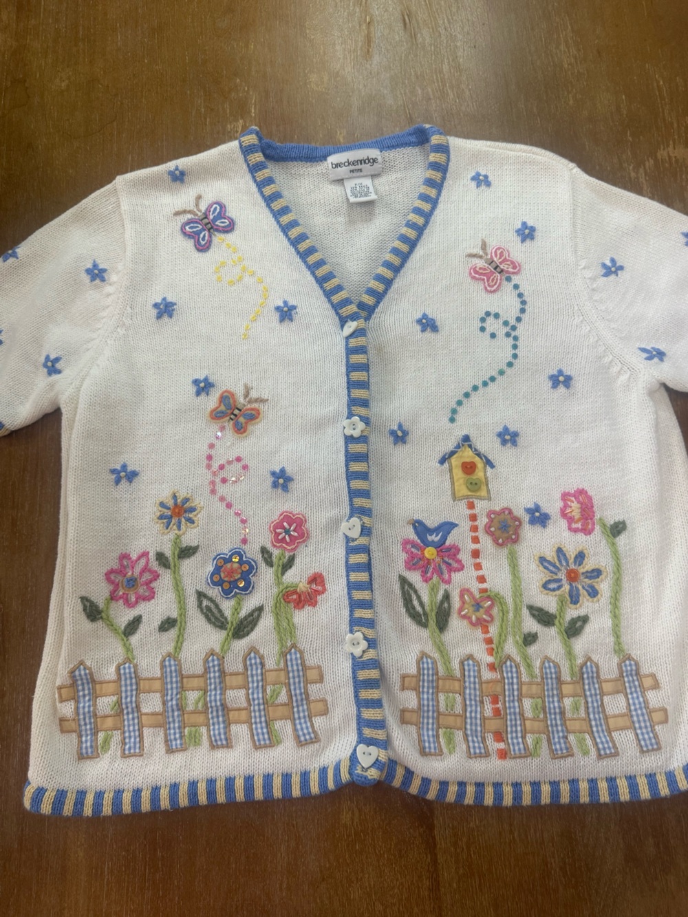 breckenridge White Embroidered Floral & Butterfly Cardigan with Blue Trim